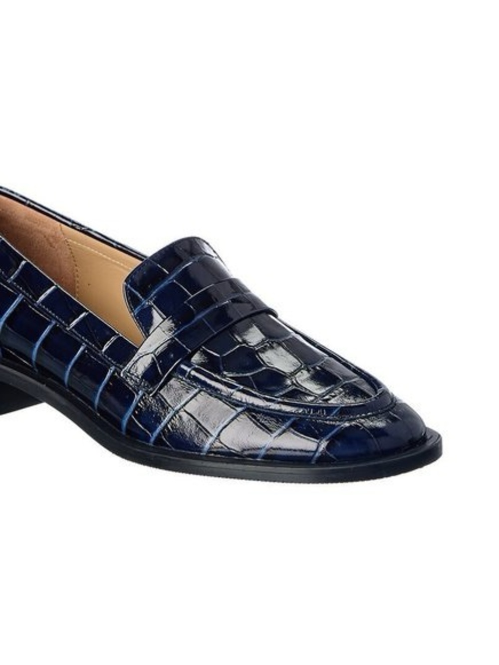 Stuart Weitzman Palmer Sleek Blue Croc-Embossed Penny Loafers - Picture 2 of 7